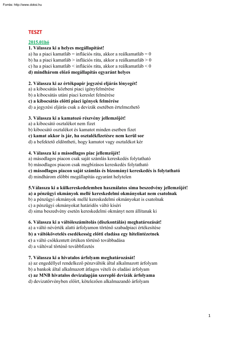 Pénzügyek teszt, 2015. január