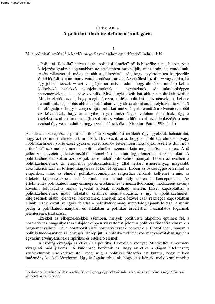 Farkas Attila - A politikai filozófia, definíció és allegória