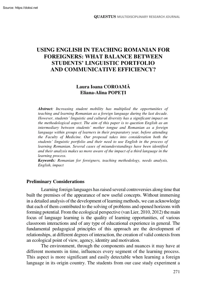 Coroama-Popeti - Using English in Teaching Romanian for Foreigners, What Balance between Students