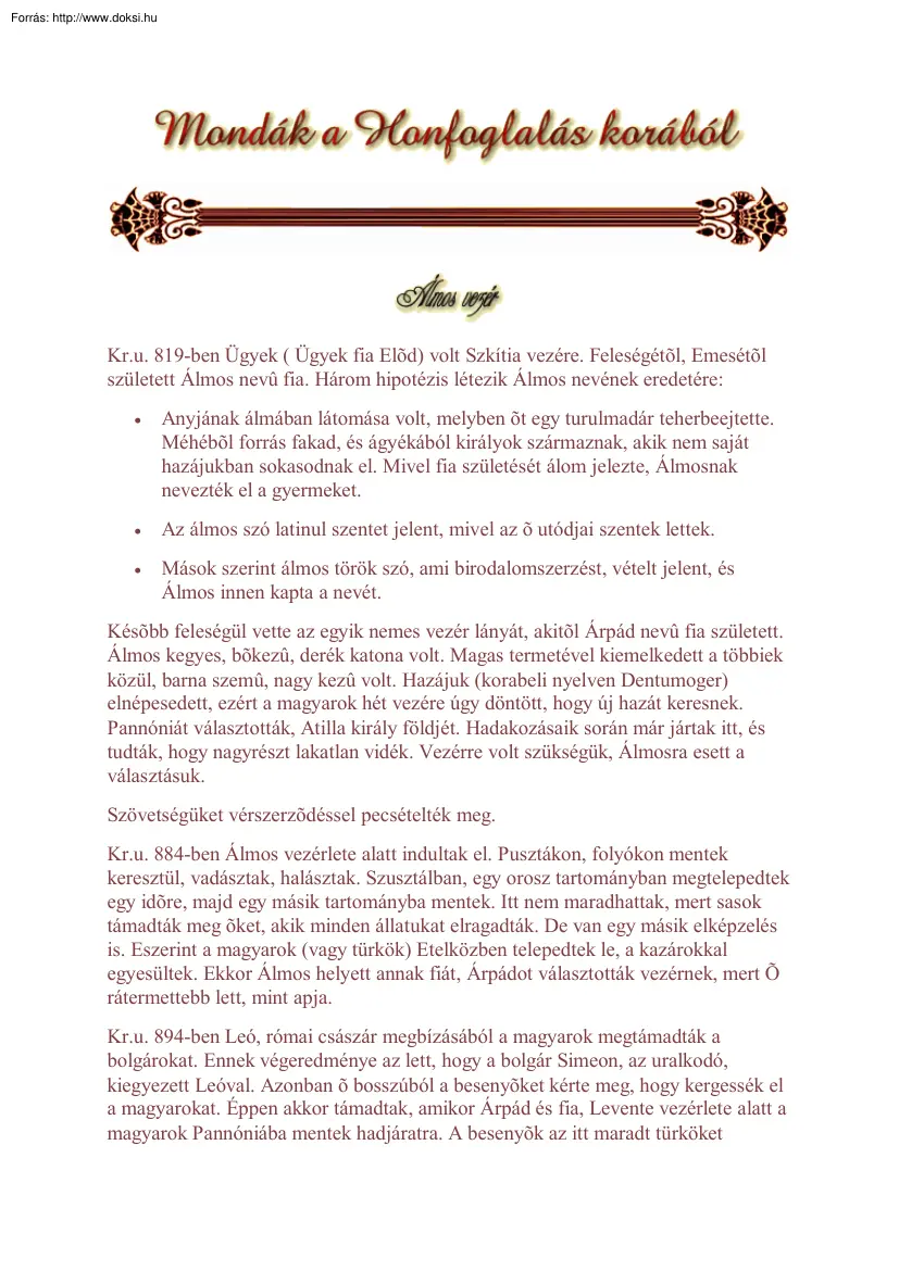 Mondák a Honfoglalás korából - Álmos vezér