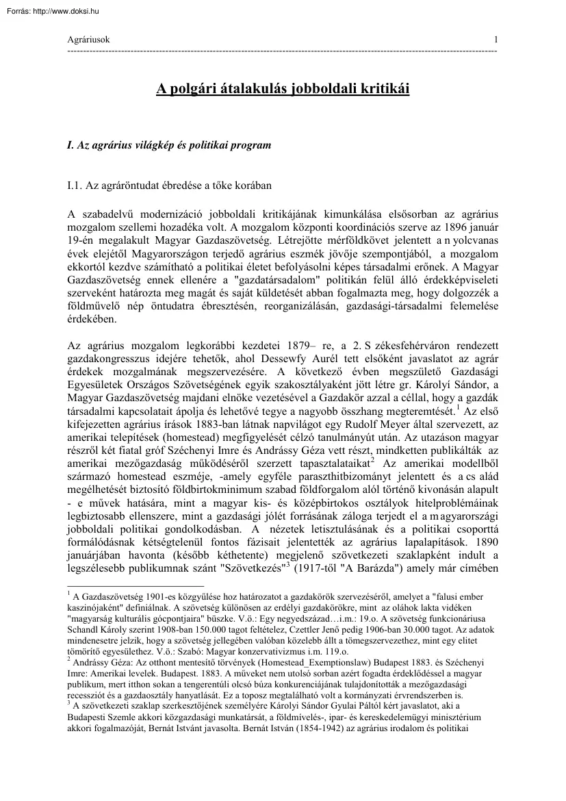 A magyar polgári átalakulás jobboldali kritikái a XIX. században, az agráriusok