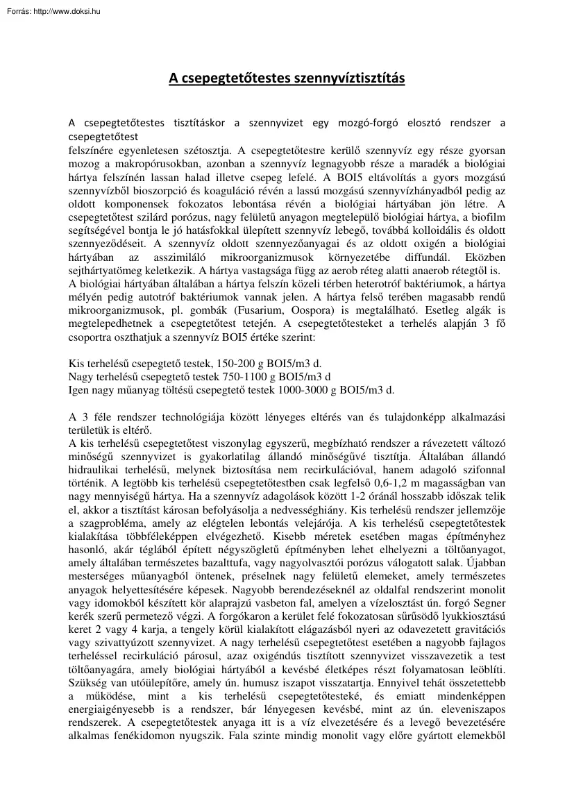 A csepegtetőtestes szennyvíztisztítás