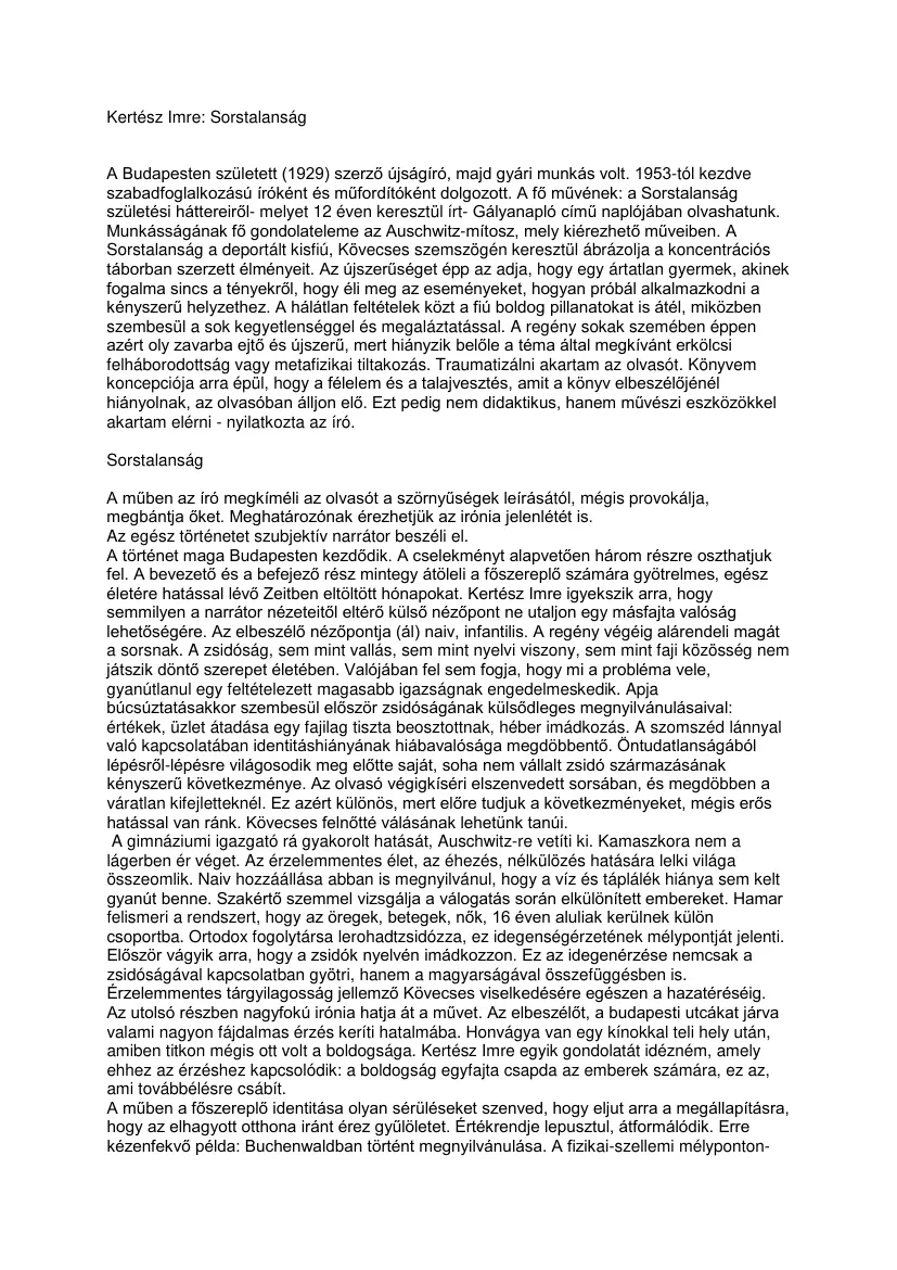 Kertész Imre - Sorstalanság, tétel