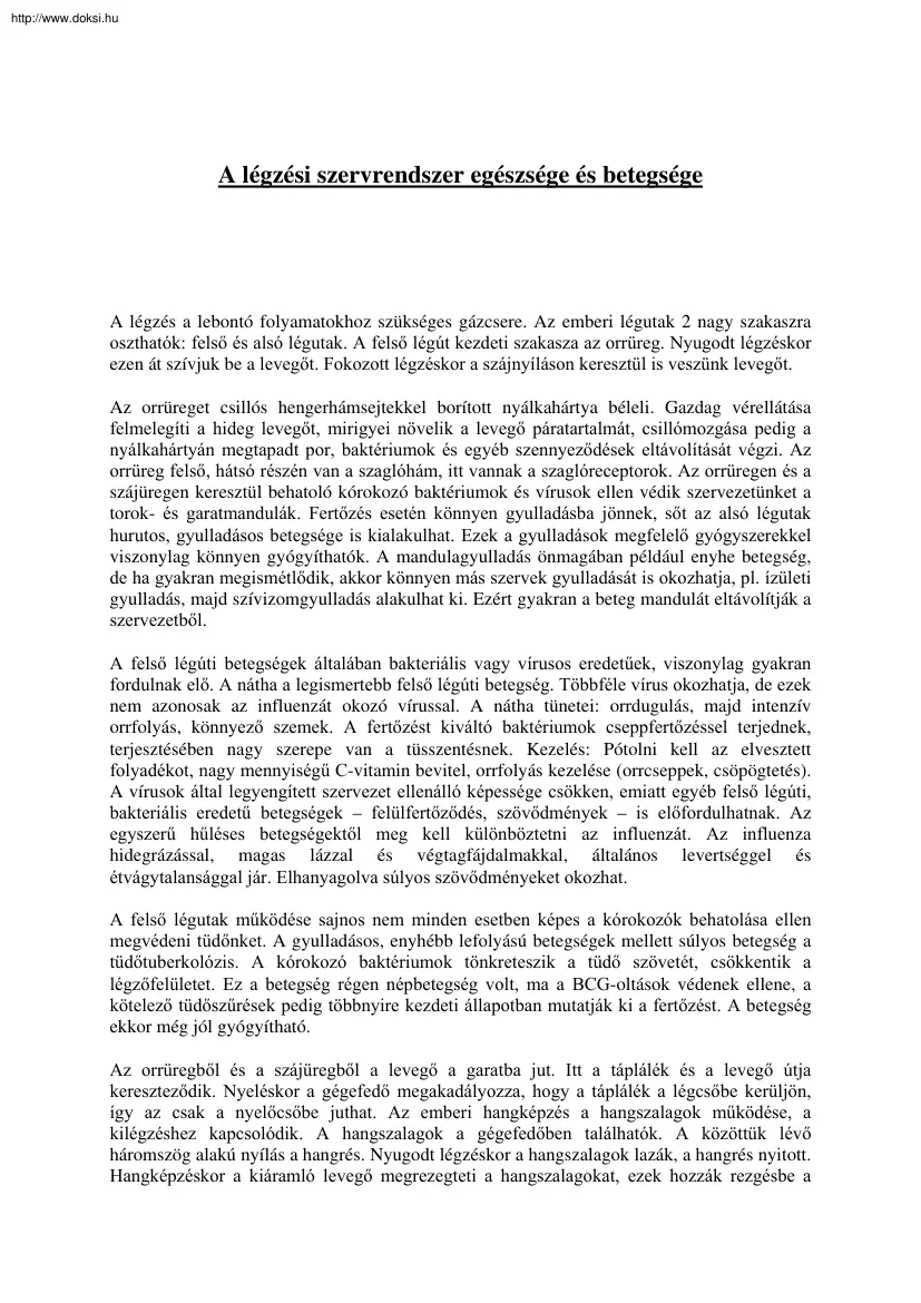 A légzési szervrendszer egészsége és betegsége
