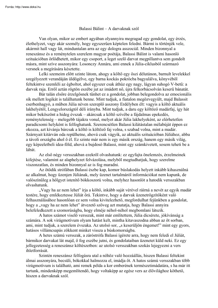 Balassi Bálint, A darvaknak szól