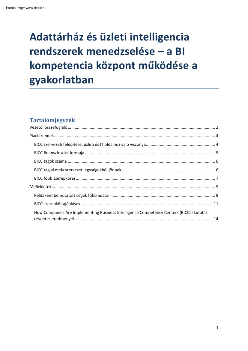 Adattárház és üzleti intelligencia rendszerek menedzselése, A BI kompetencia központ