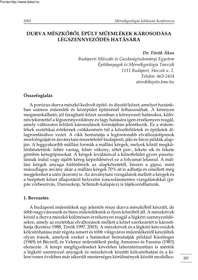 Dr. Török Ákos - Durva mészkőből épült műemlékek károsodása légszennyeződés