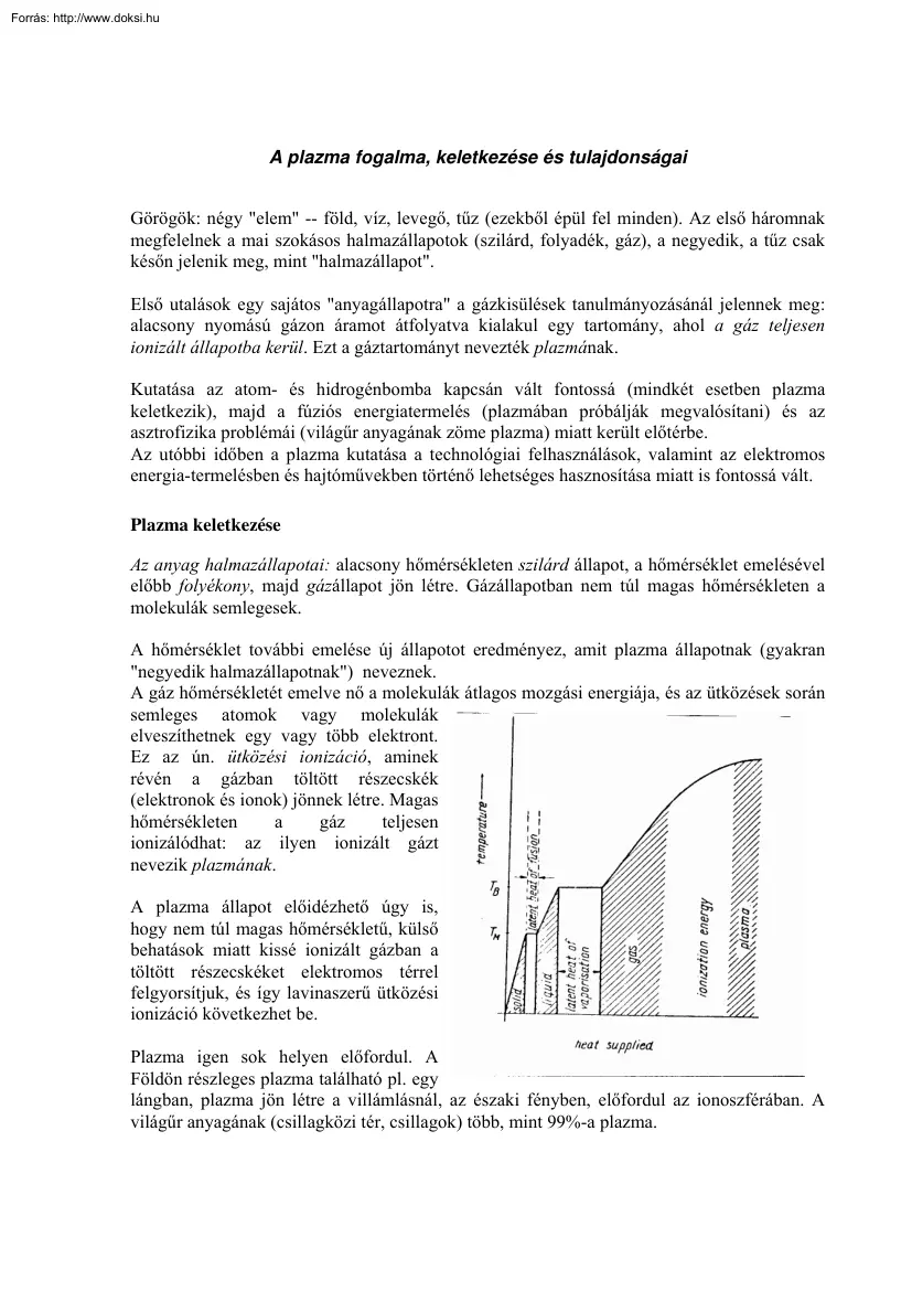 A plazma fogalma, keletkezése és tulajdonságai