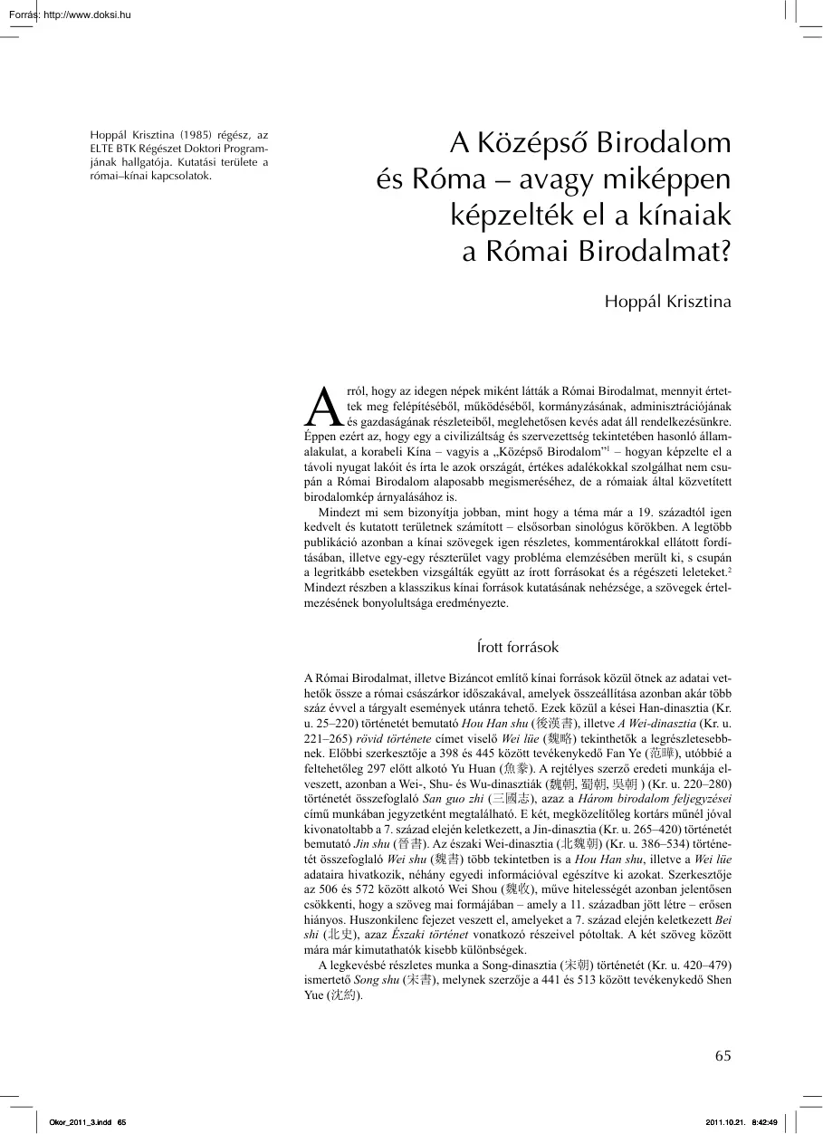 Hoppál Krisztina  - A középső Birodalom és Róma, avagy miképpen képzelték el a kínaiak a