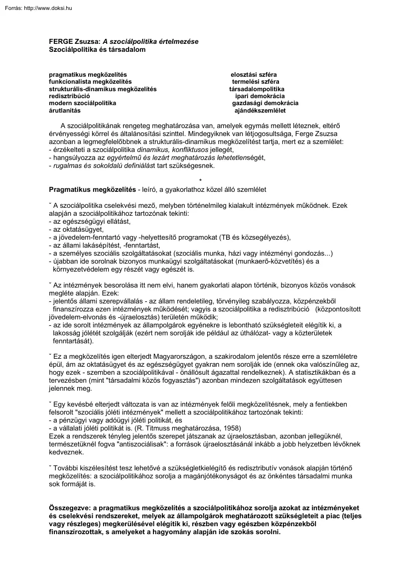 Ferge Zsuzsa - A szociálpolitika értelmezése