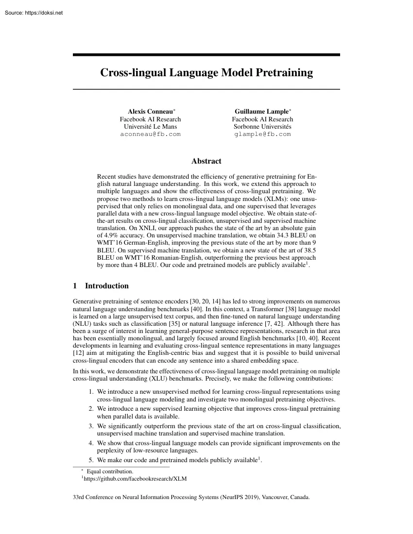 Cross-lingual Language Model Pretraining
