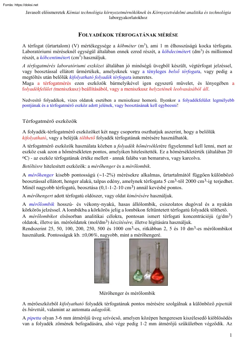 Folyadékok térfogatának mérése