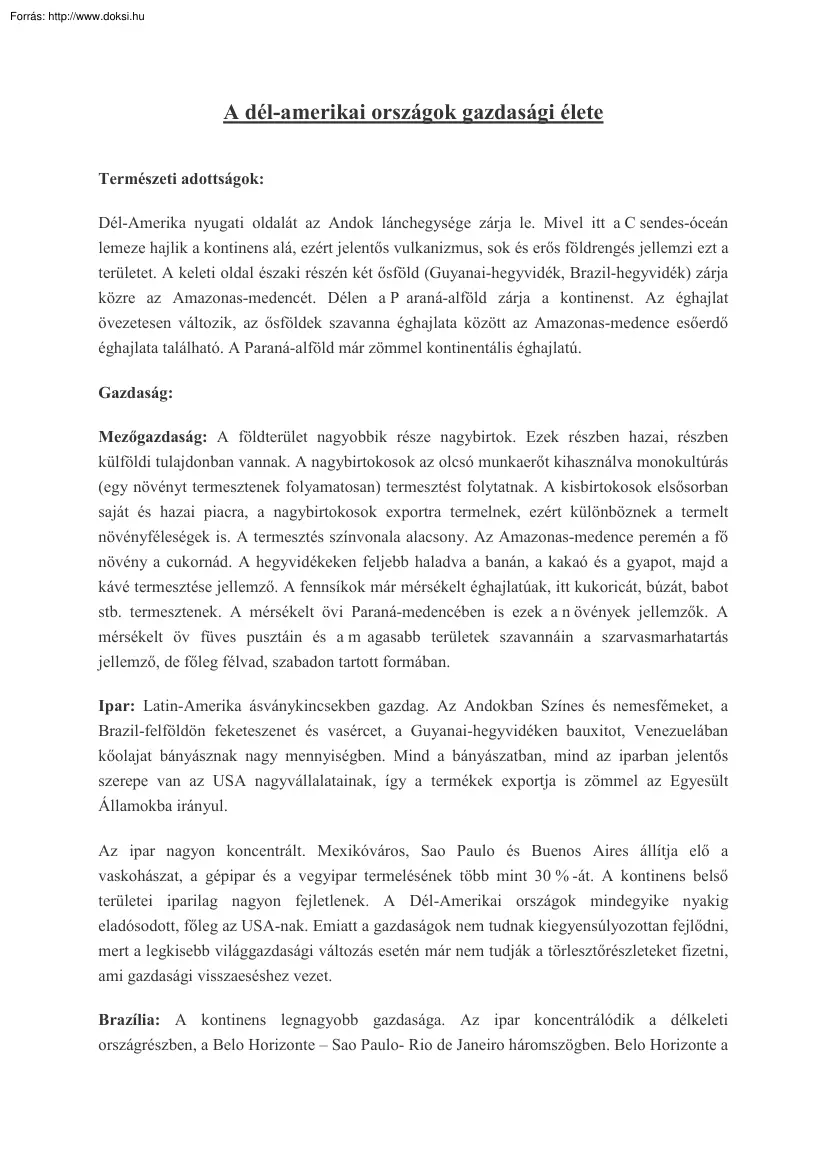 A dél-amerikai országok gazdasági élete