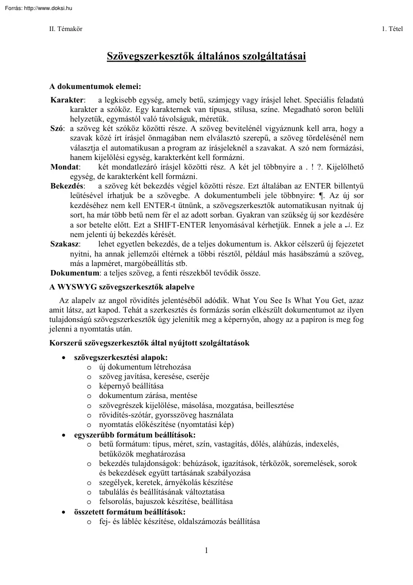 Szövegszerkesztők általános szolgáltatásai