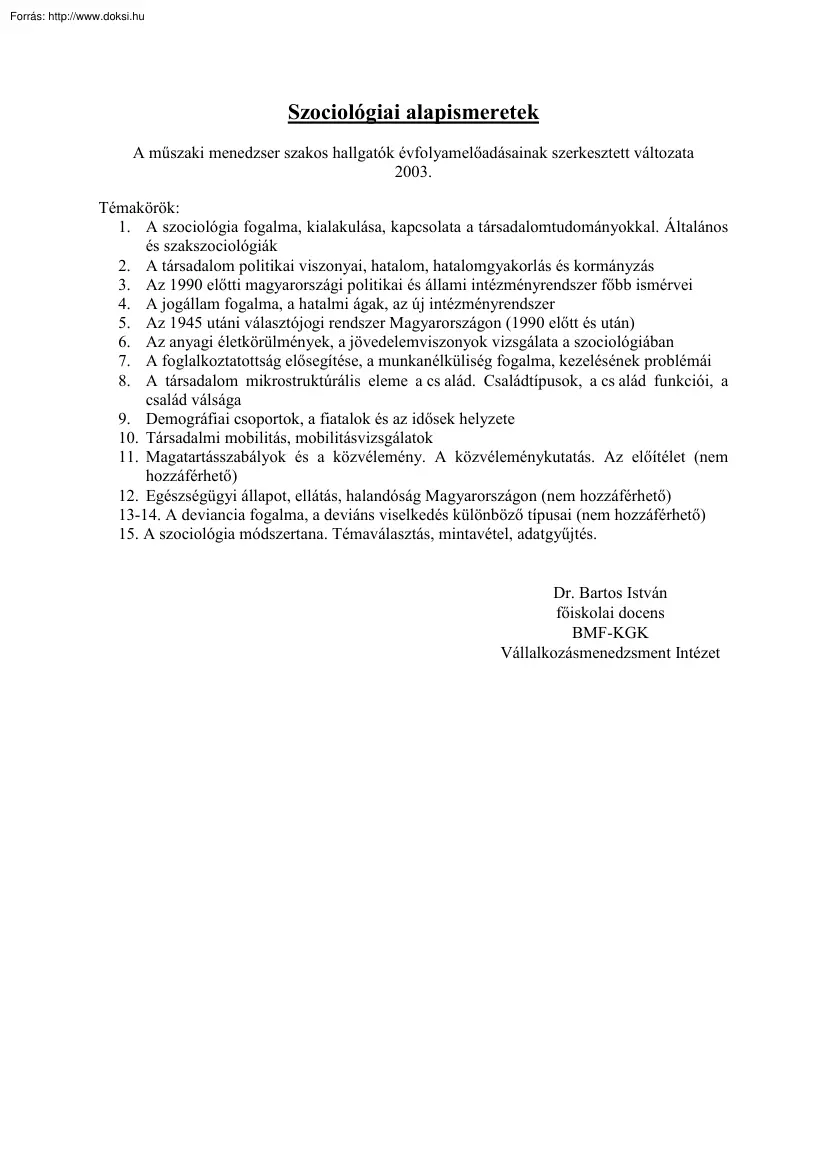 Dr. Bartos Iván - Szociológiai alapismeretek