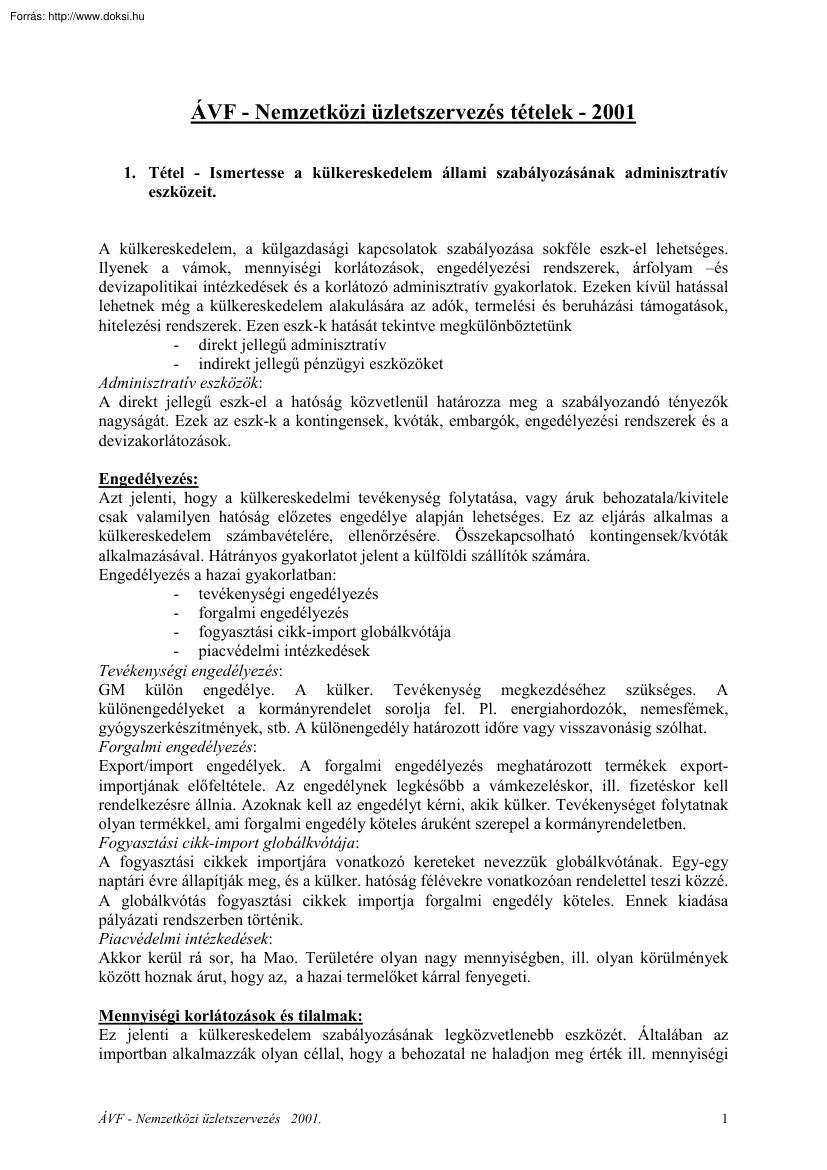 ÁVF - Nemzetközi üzletszervezés tételek, 2001