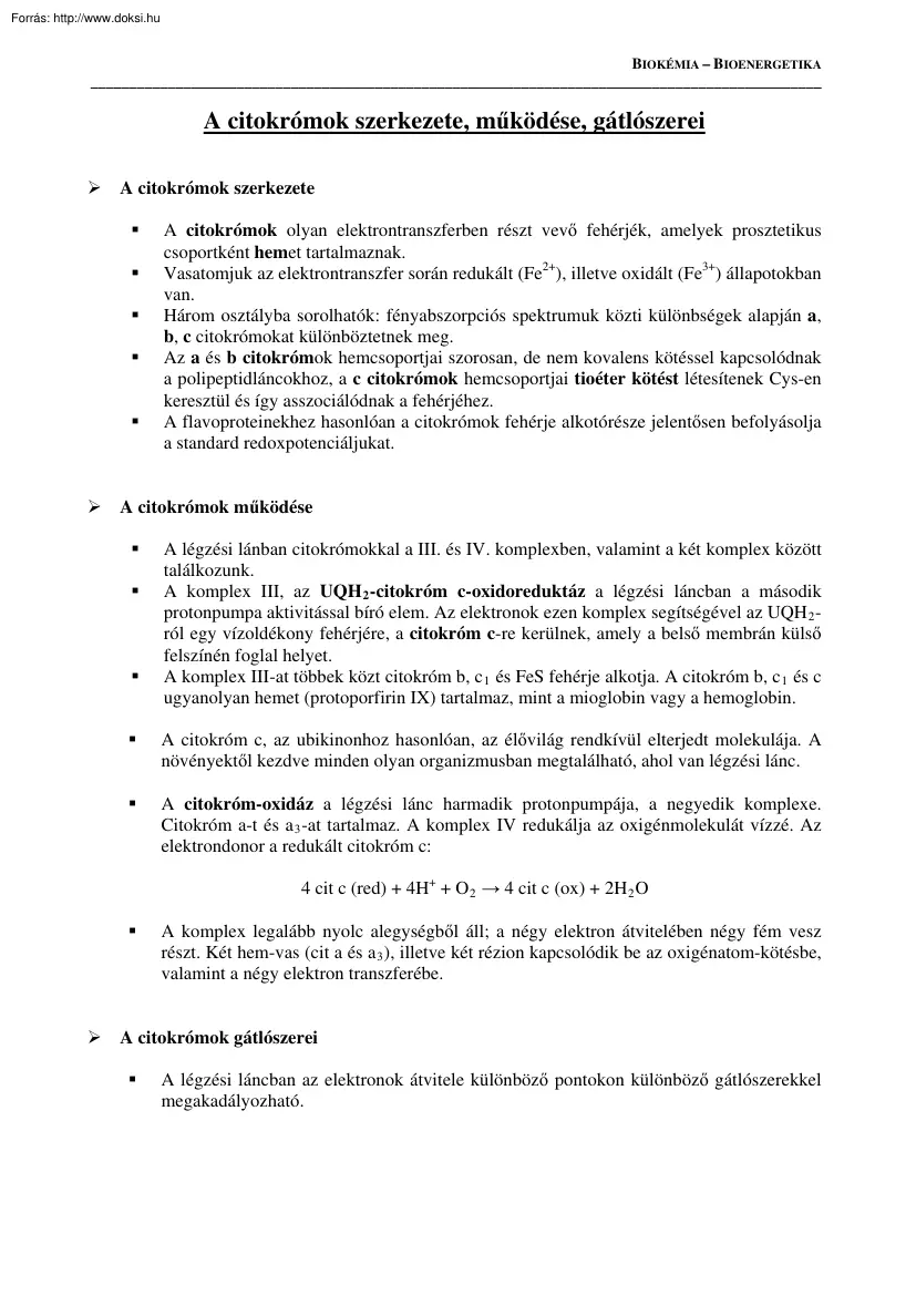 A citokrómok szerkezete, működése, gátlószerei