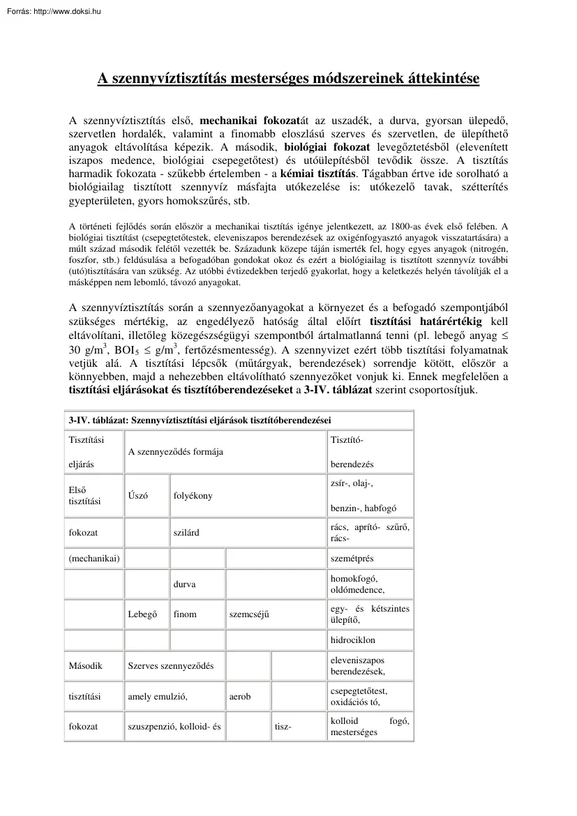 A szennyvíztisztítás mesterséges módszereinek áttekintése