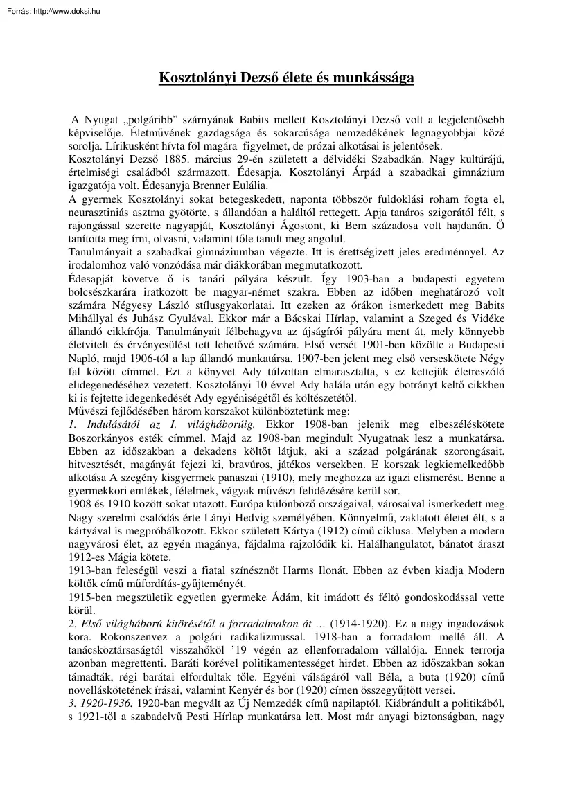 Kosztolányi Dezső élete és munkássága