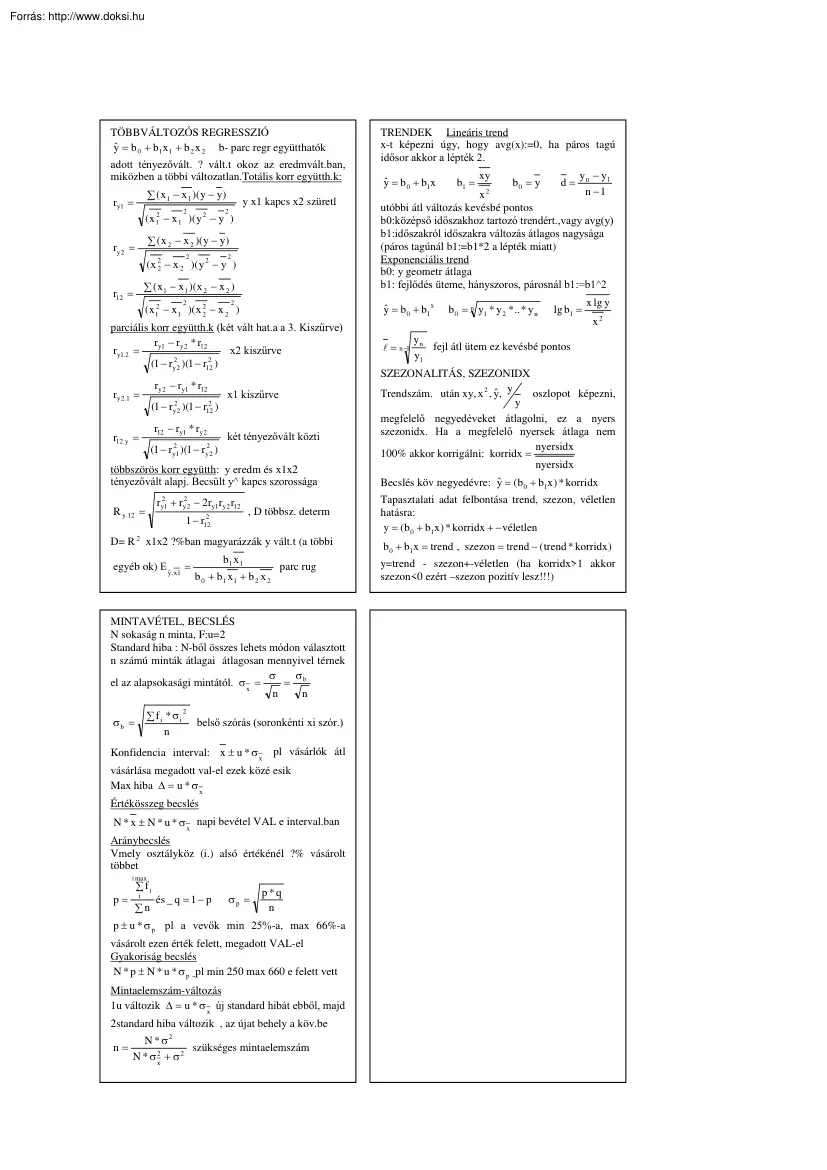 Statisztika képletösszefoglaló, 2003