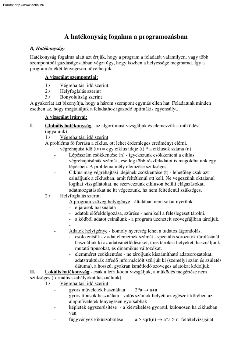 A hatékonyság fogalma a programozásban