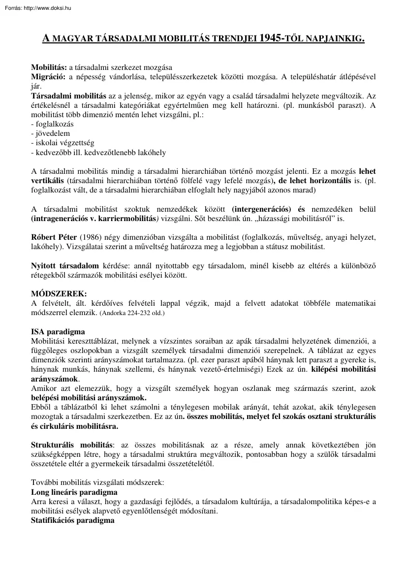 A magyar társadalmi mobilitás trendjei 1945-től napjainkig
