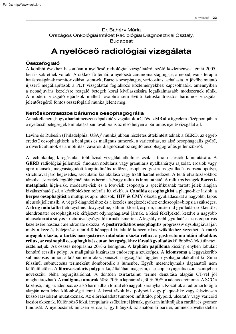 Dr. Bahéry Mária - A nyelőcső radiológiai vizsgálata
