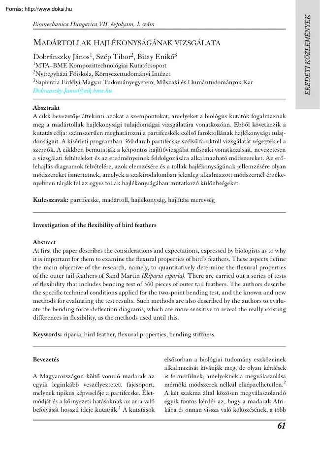 Dobránszky-Szép-Bitay - Madártollak hajlékonyságának vizsgálata