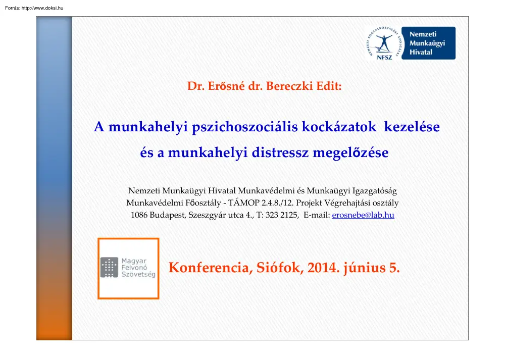 Dr. Erősné dr. Bereczki Edit - A munkahelyi pszichoszociális kockázatok kezelése és a