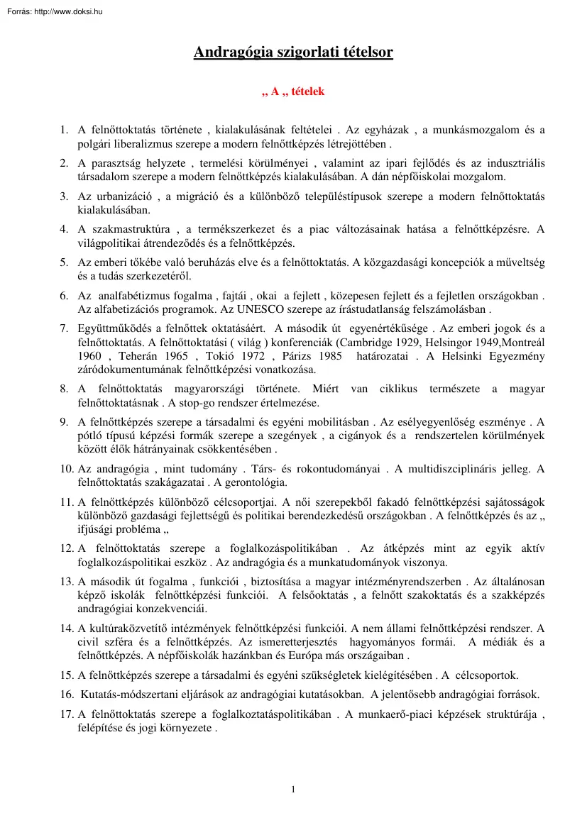 Andragógia szigorlati tételsor