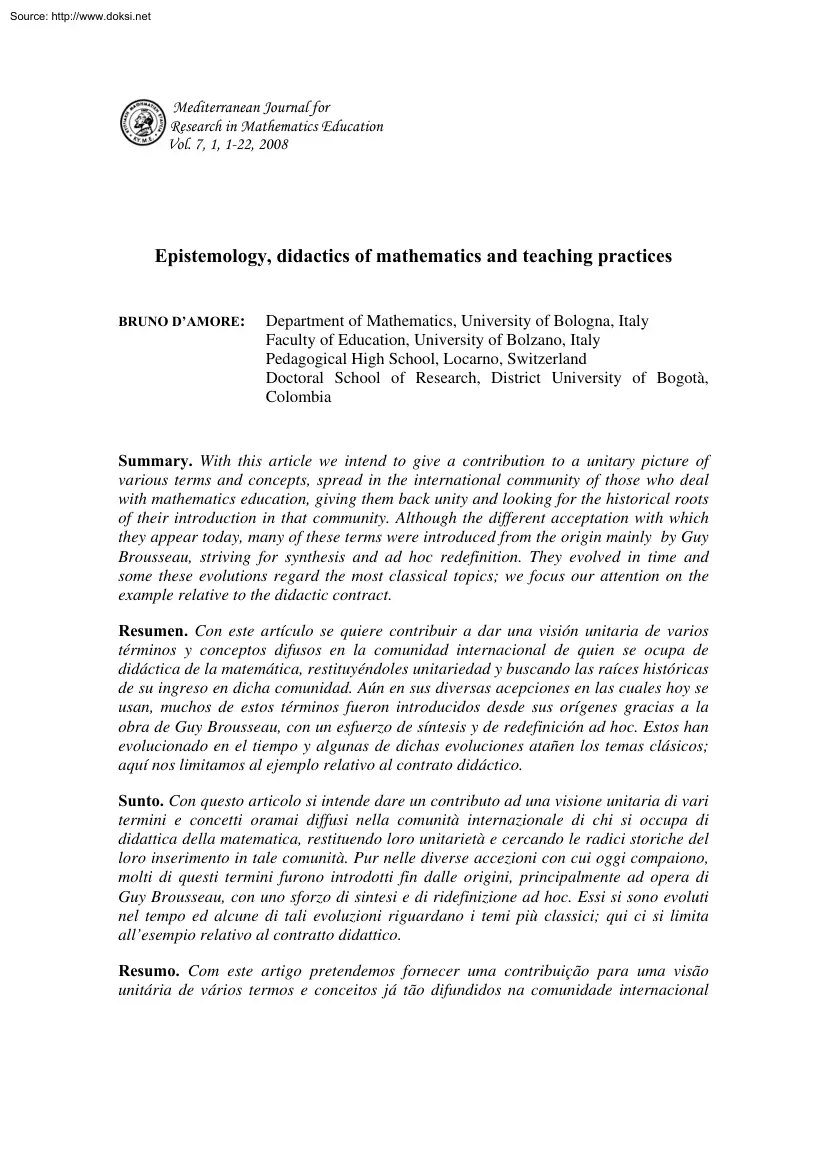 Epistemology, Didactics of Mathematics and Teaching Practices