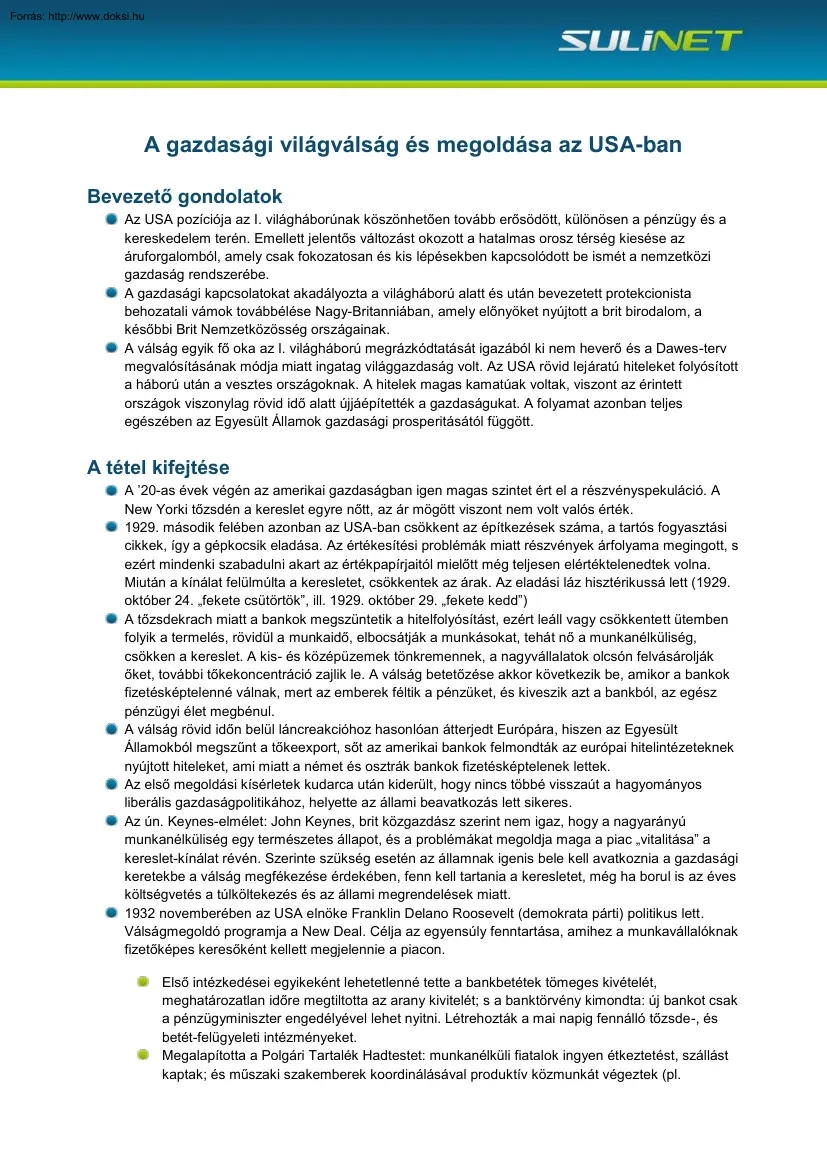 A gazdasági világválság és megoldása az USA-ban