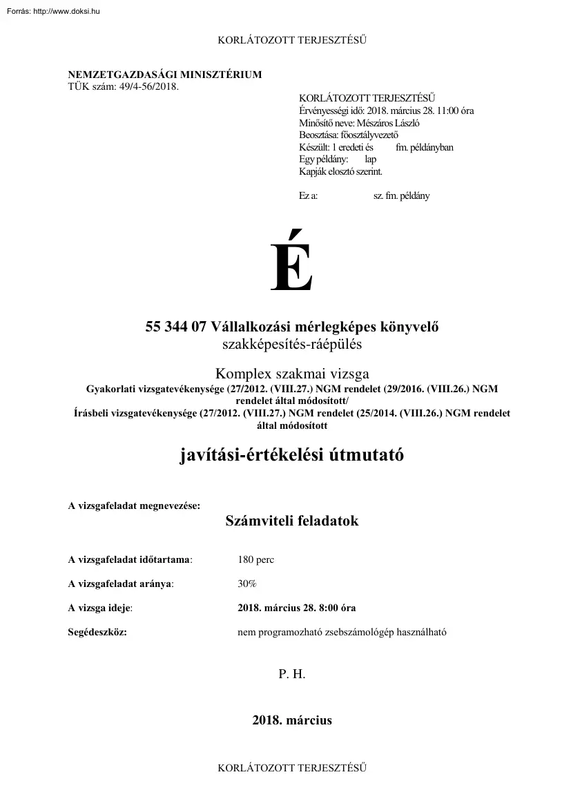 Vállalkozási mérlegképes könyvelő komplex szakmai vizsga javítási-értékelési útmutató
