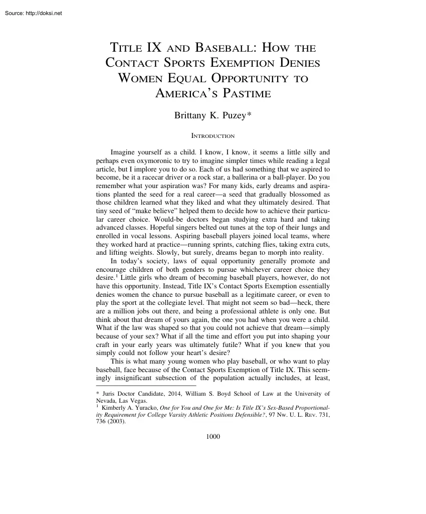 Brittany K. Puzey - Title IX and Baseball, How the Contact Sports Exemption Denies Women Equal