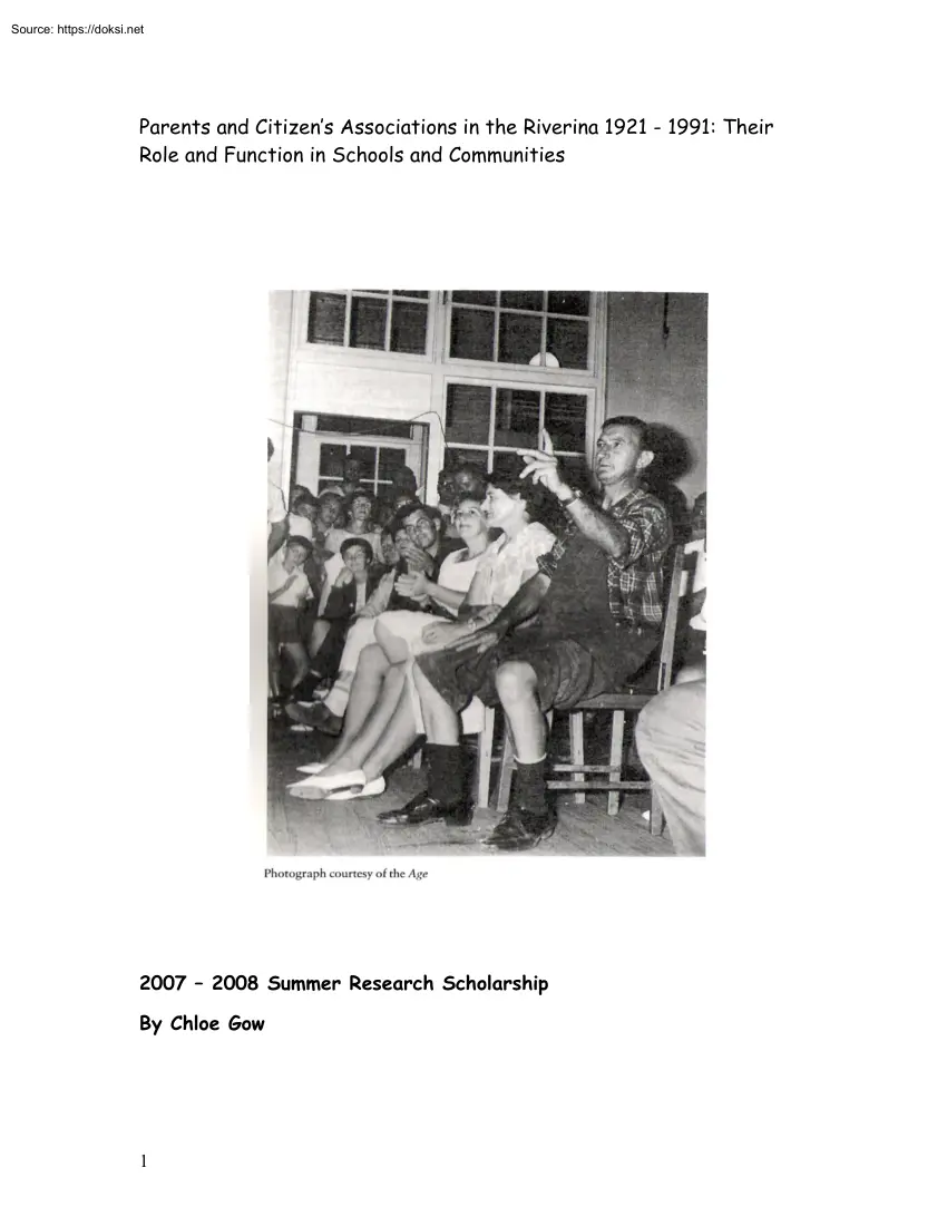Chloe Gow - Parents and Citizens Associations in the Riverina, Role and Function in Schools and