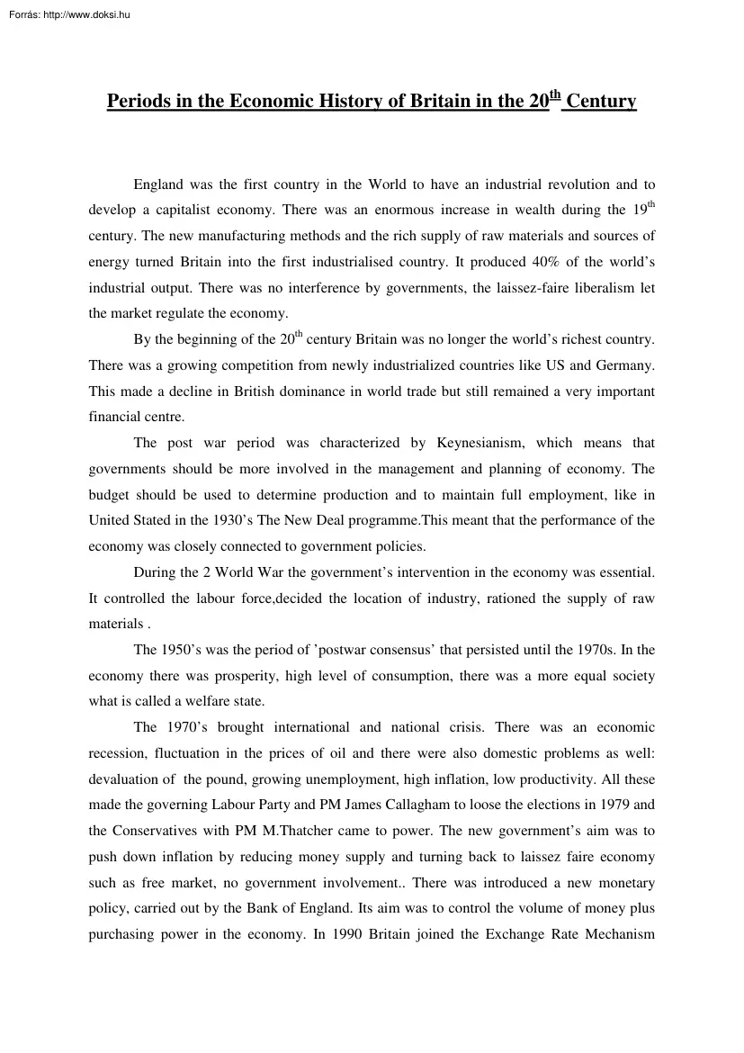 Periods in the Economic History of Britain in the 20th Century