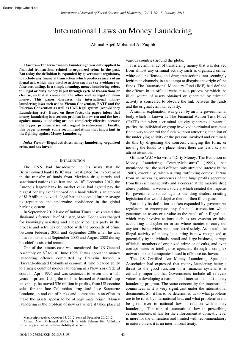 Ahmad Aqeil Mohamad Al-Zaqibh - International Laws on Money Laundering