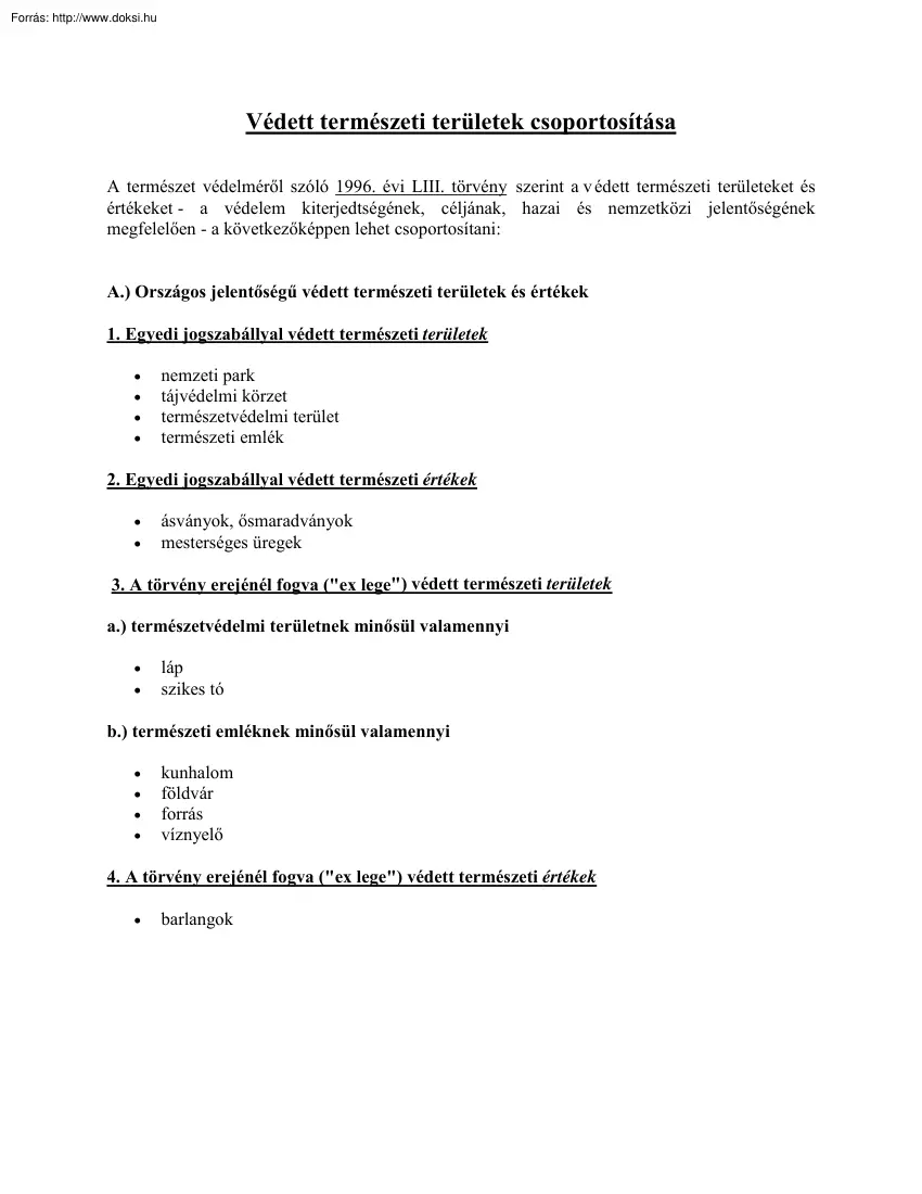 Védett természeti területek csoportosítása