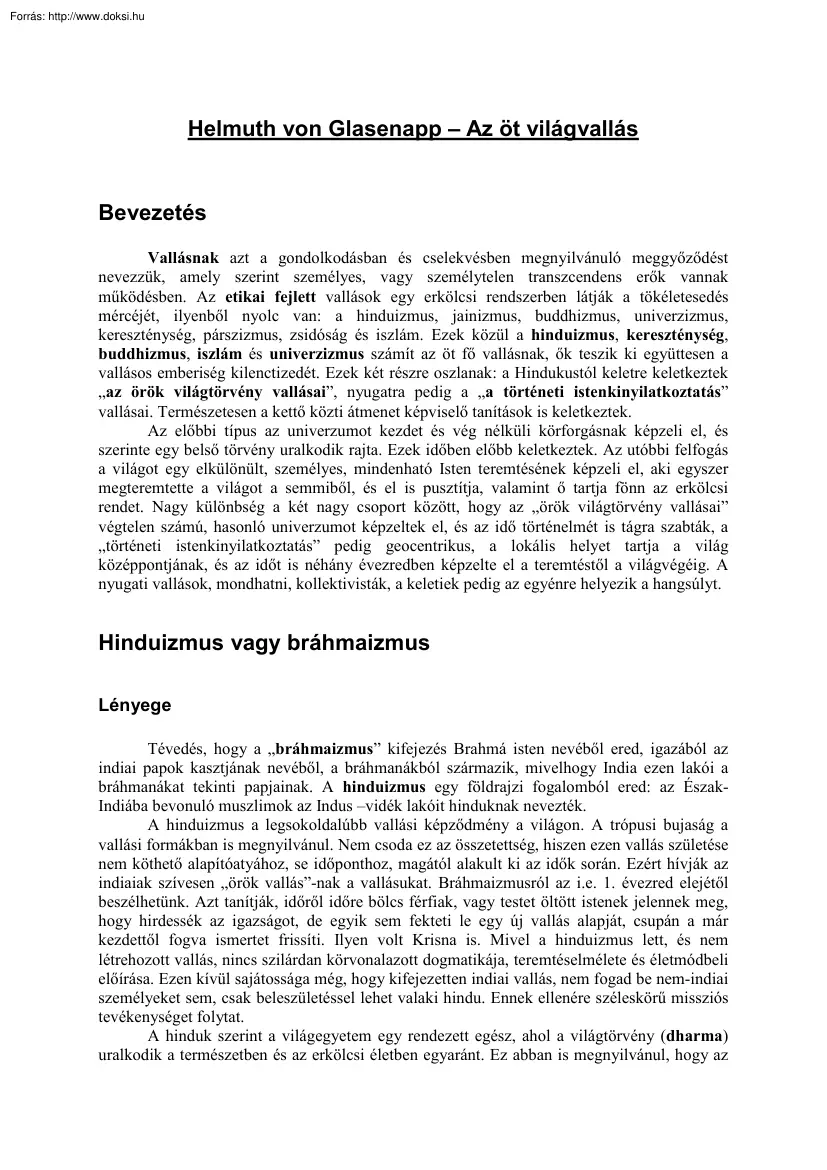 Helmuth von Glasenapp - Az öt világvallás, összefoglalás