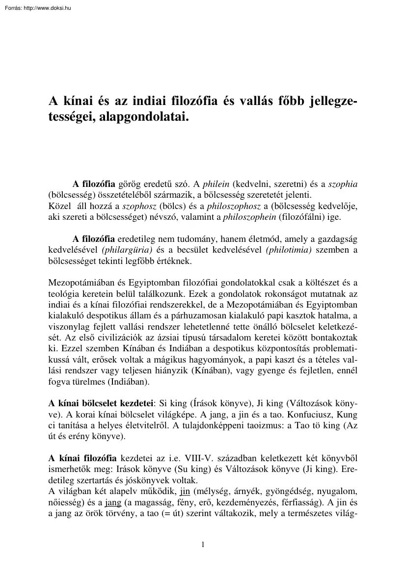 A kínai és az indiai filozófia és vallás főbb jellegzetességei