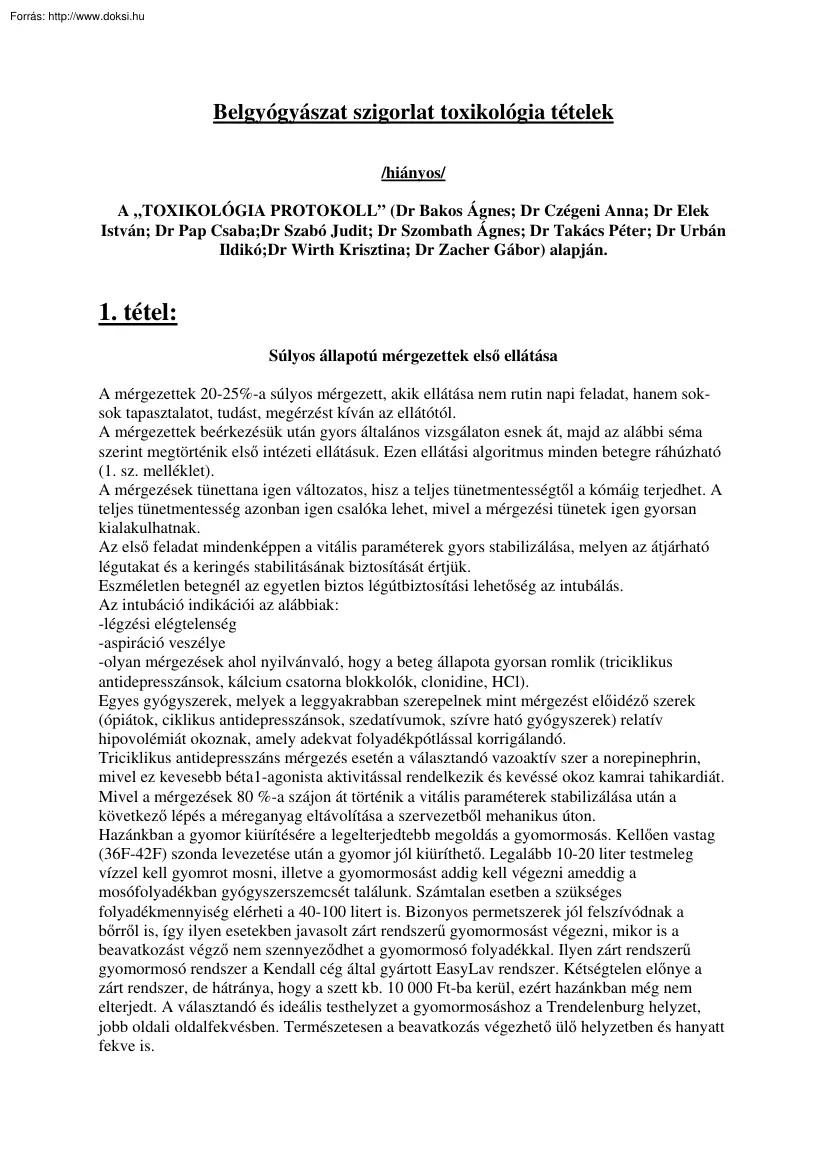 Belgyógyászat szigorlat toxikológia tételek