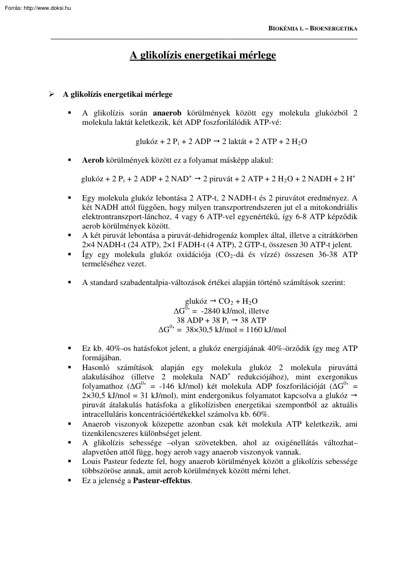 A glikolízis energetikai mérlege