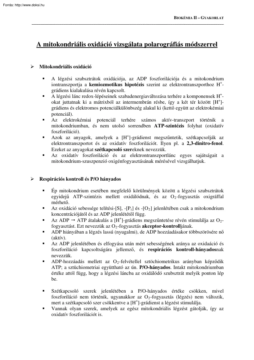 A mitokondriális oxidáció vizsgálata polarográfiás módszerrel