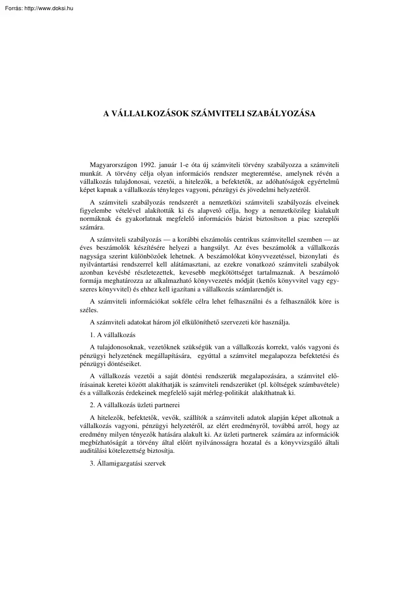 A vállalkozások számviteli szabályozása