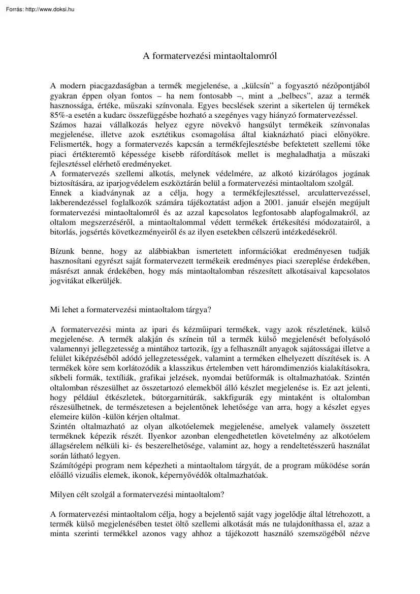 A formatervezési mintaoltalomról