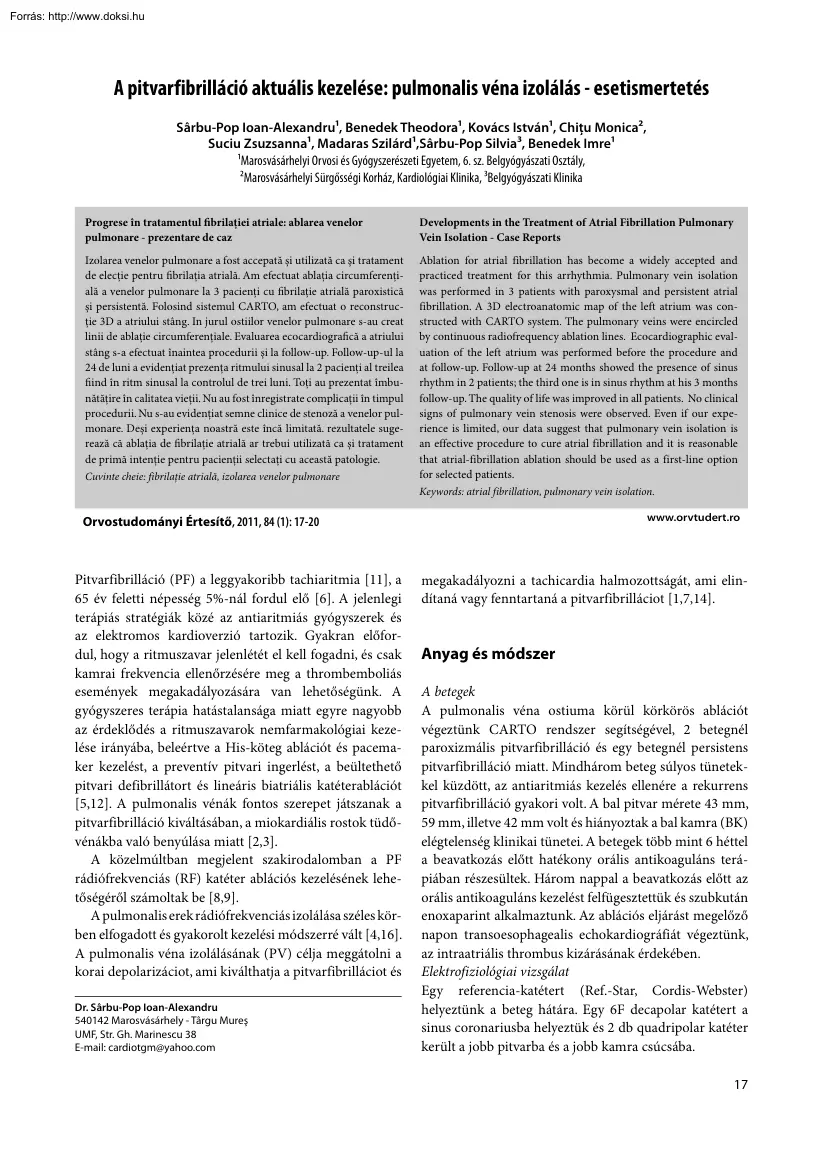 Benedek-Kovács - A pitvarfibrilláció aktuális kezelése, pulmonalis véna izolálás