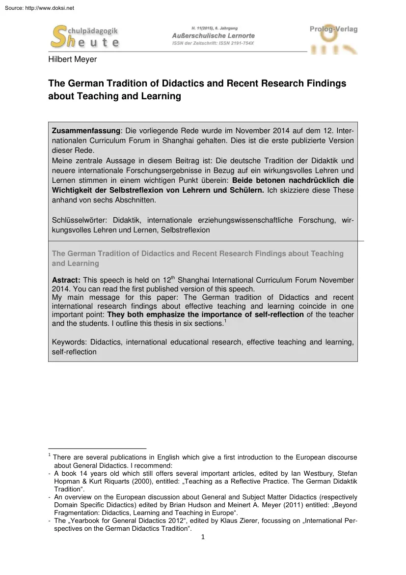 Hilbert Meyer - The German Tradition of Didactics and Recent Research Findings about Teaching and