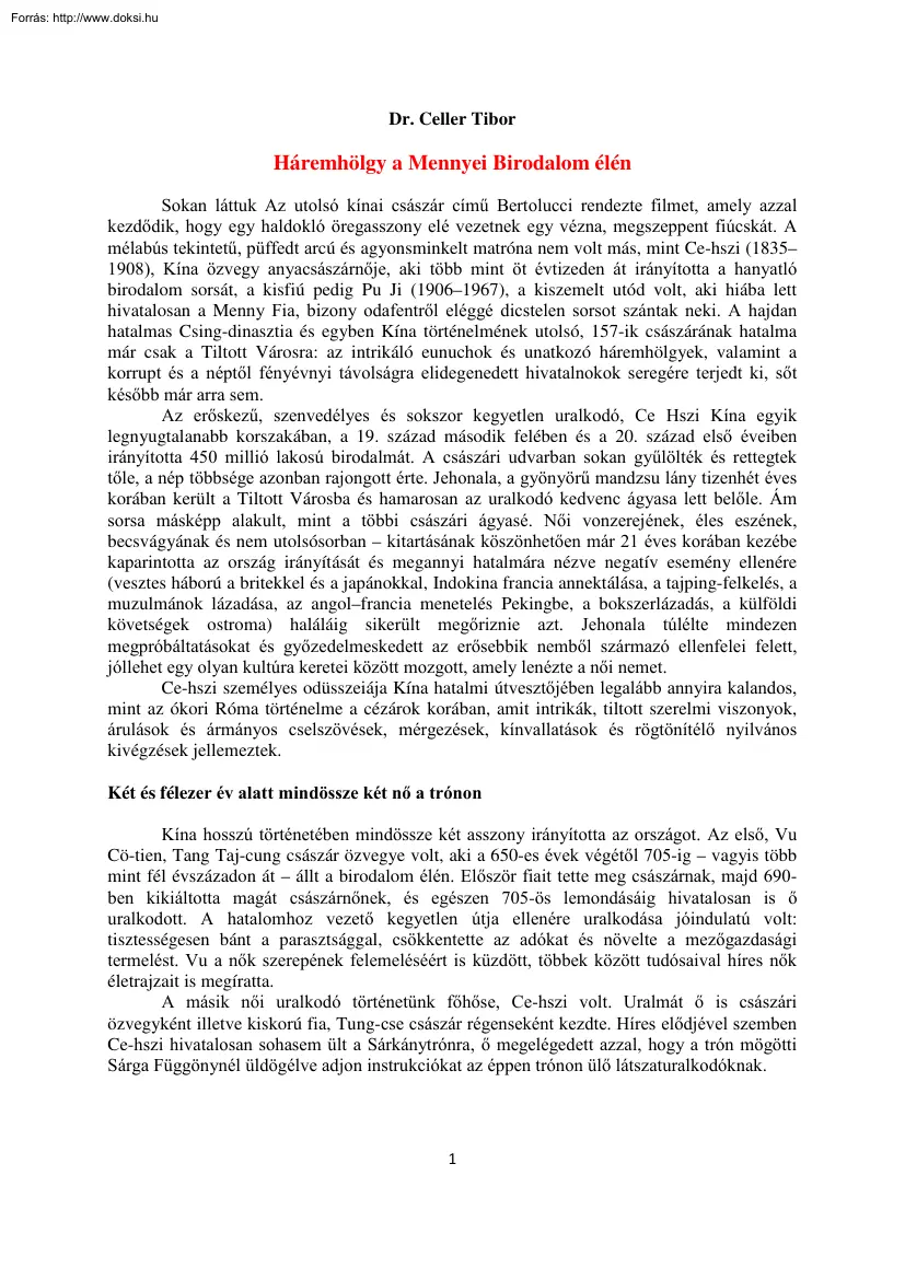 Dr. Celler Tibor - Háremhölgy a Mennyei Birodalom élén