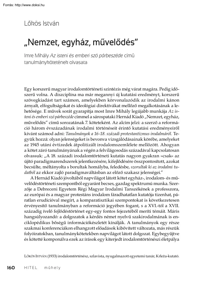 Lőkös István - Nemzet, egyház, művelődés