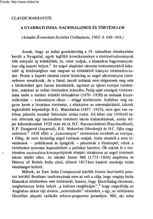 Claude Markovits - A gyarmati India, Nacionalizmus és történelem